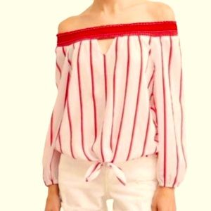 Juniors No Boundaries Red and White Striped Off the Shoulder Crop Long Sleeve